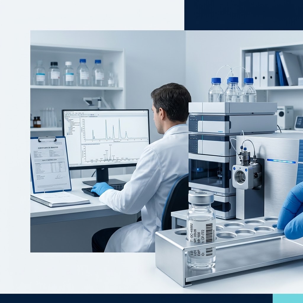Vials beside an HPLC readout
